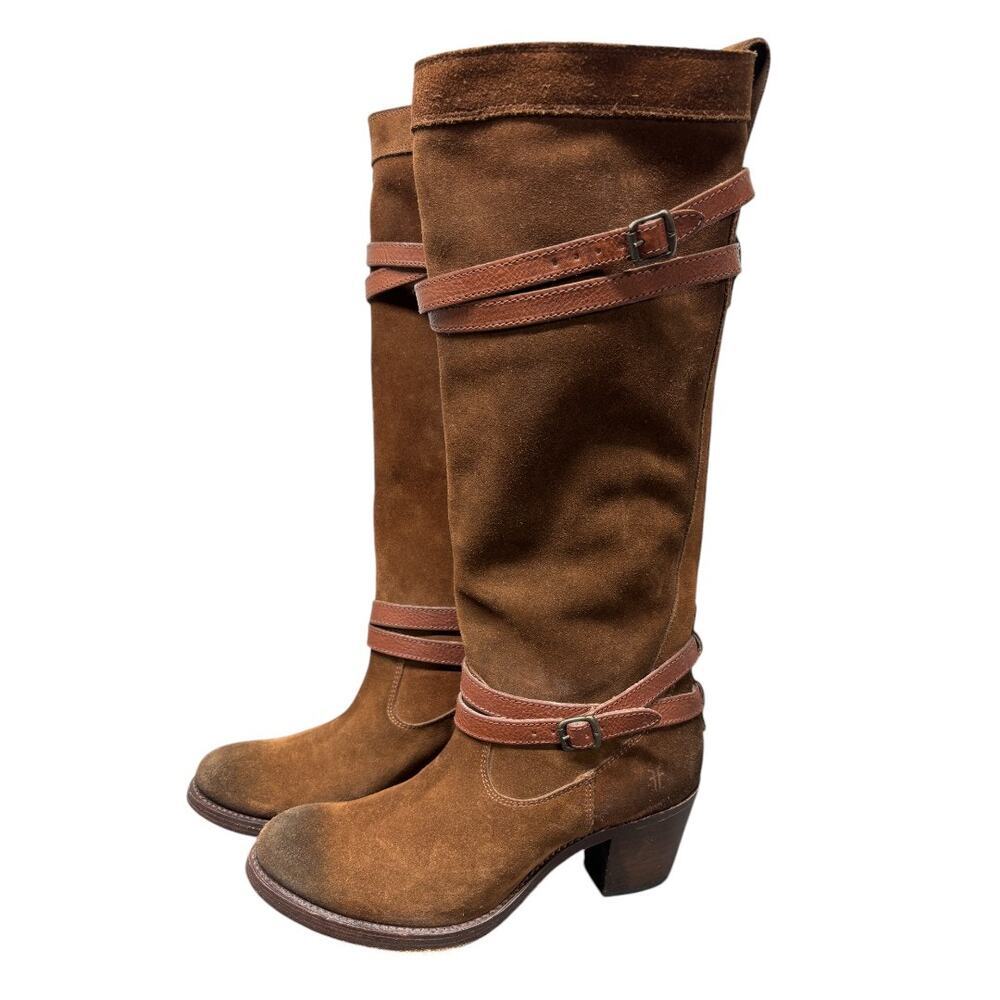 Frye Brown Suede Knee-High Harness Heeled Boots